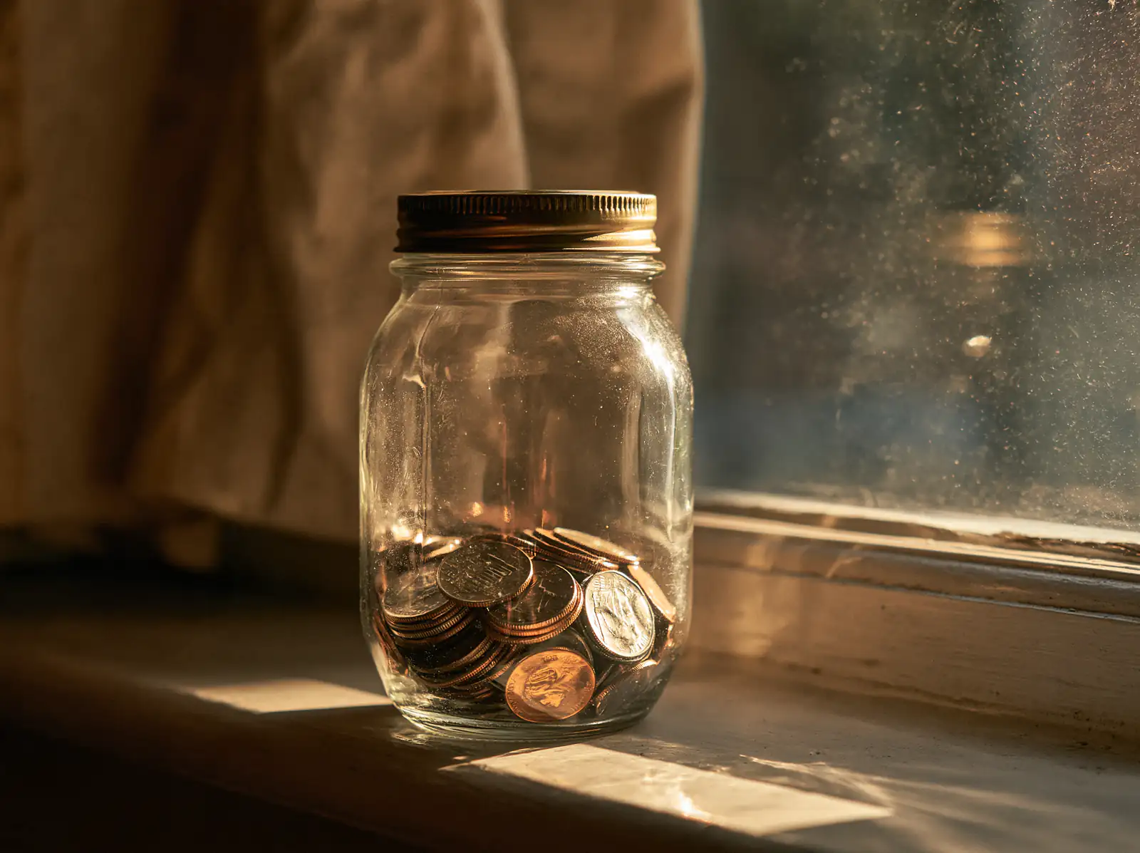 A glass jar holding a few coins on a sunlit window sill.