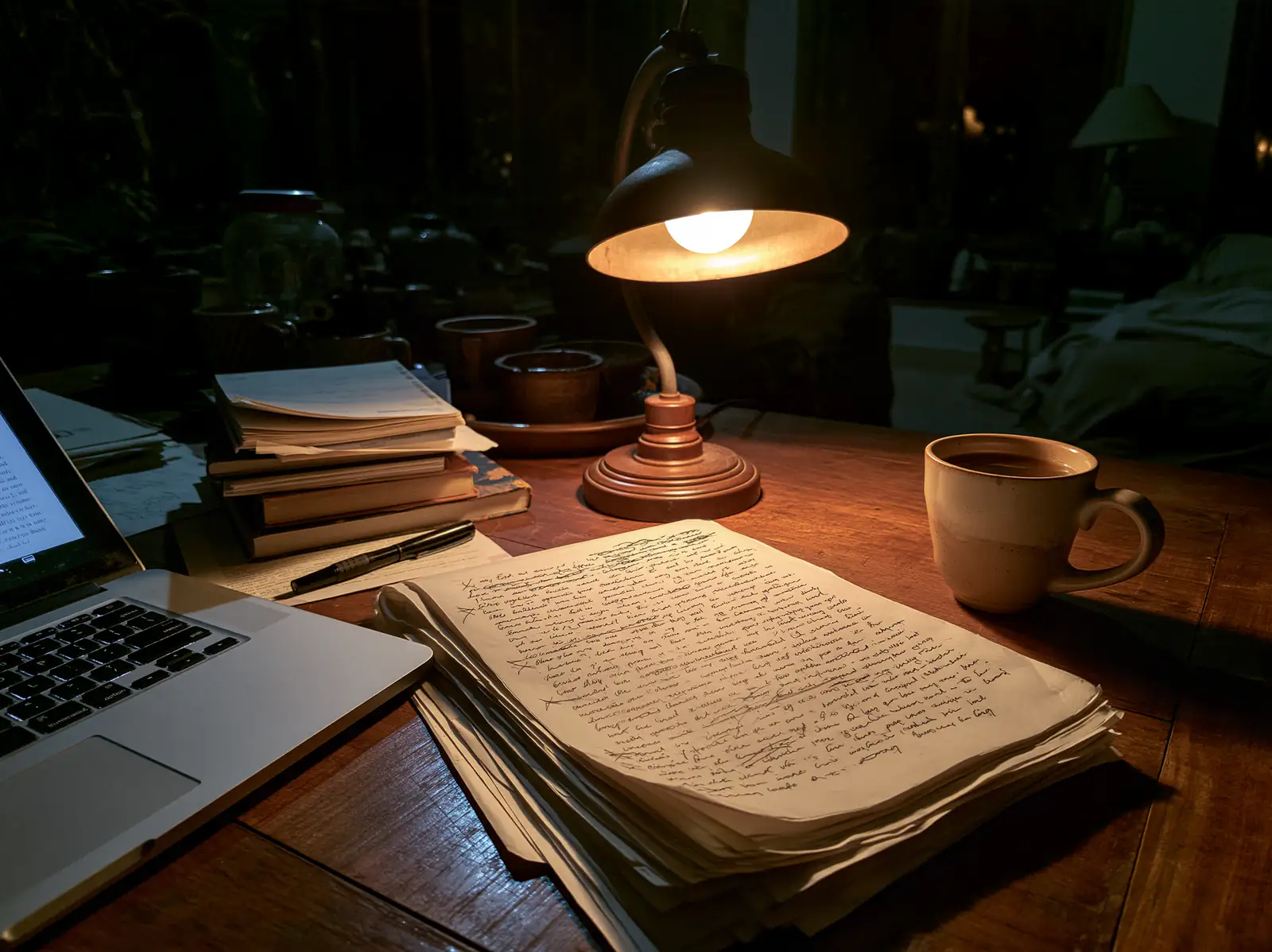 A stack of handwritten pages under a desk lamp beside a mug of tea, late at night.