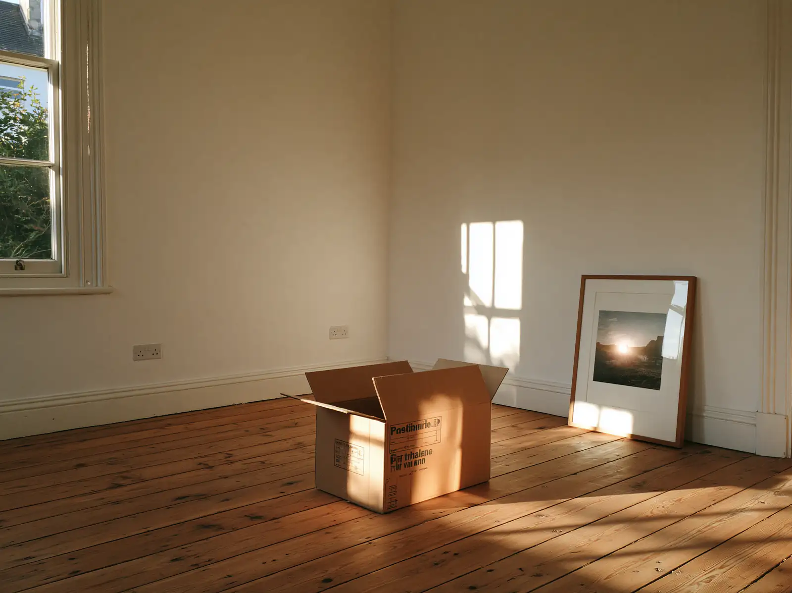 An empty room with bare floorboards, one moving box and a framed picture leaning against the wall.