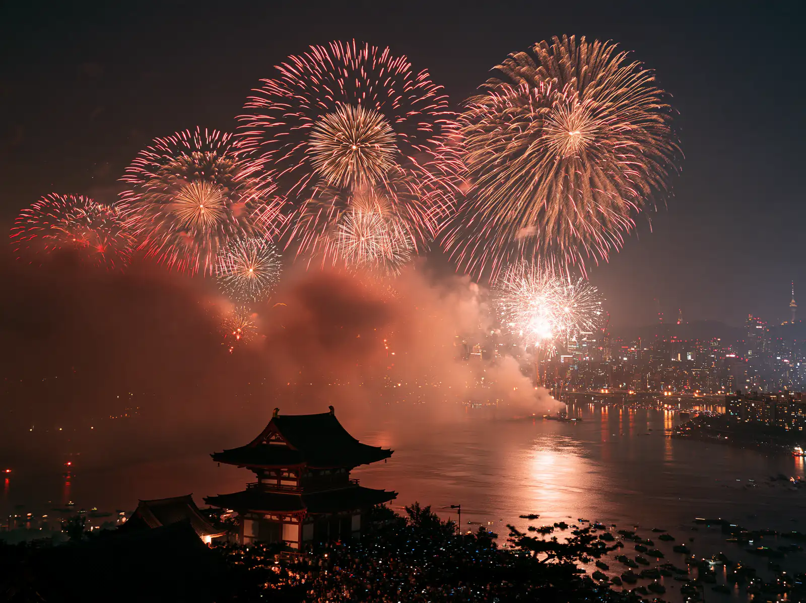 Fireworks burst over a river city at night, a pagoda silhouetted in the foreground.