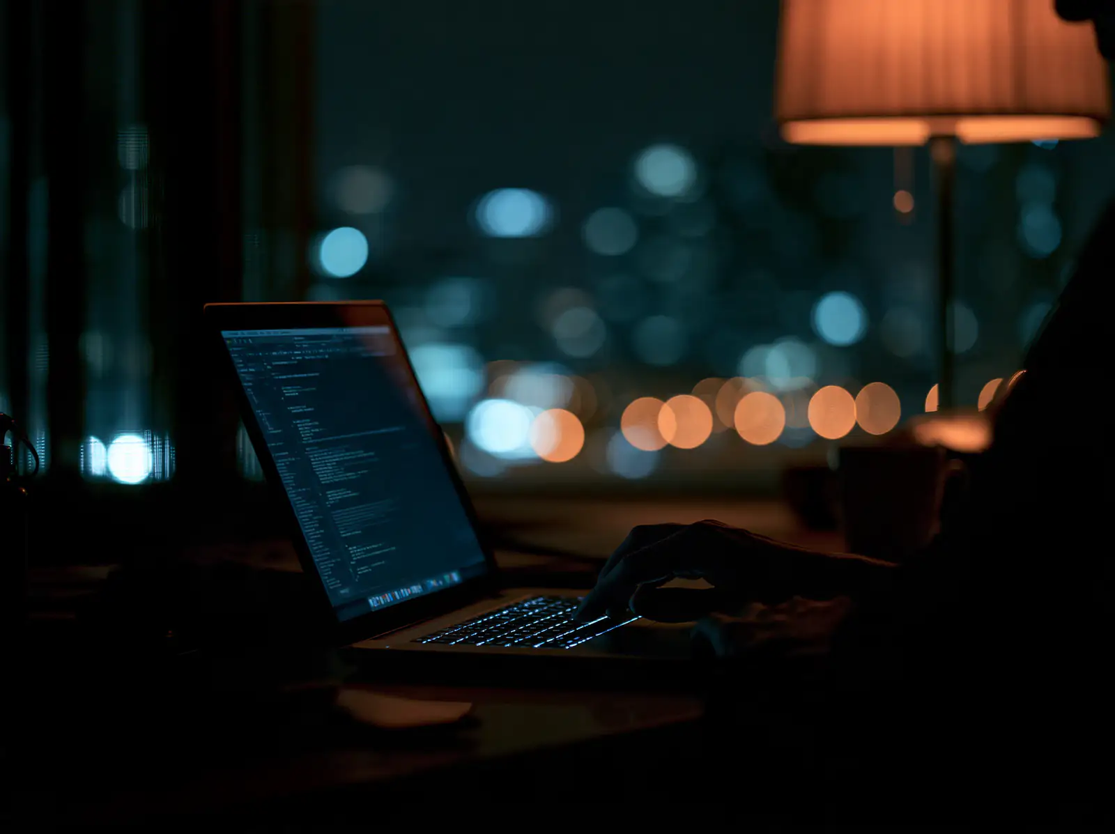 Hands on a laptop keyboard showing code, city lights blurred through a window at night.