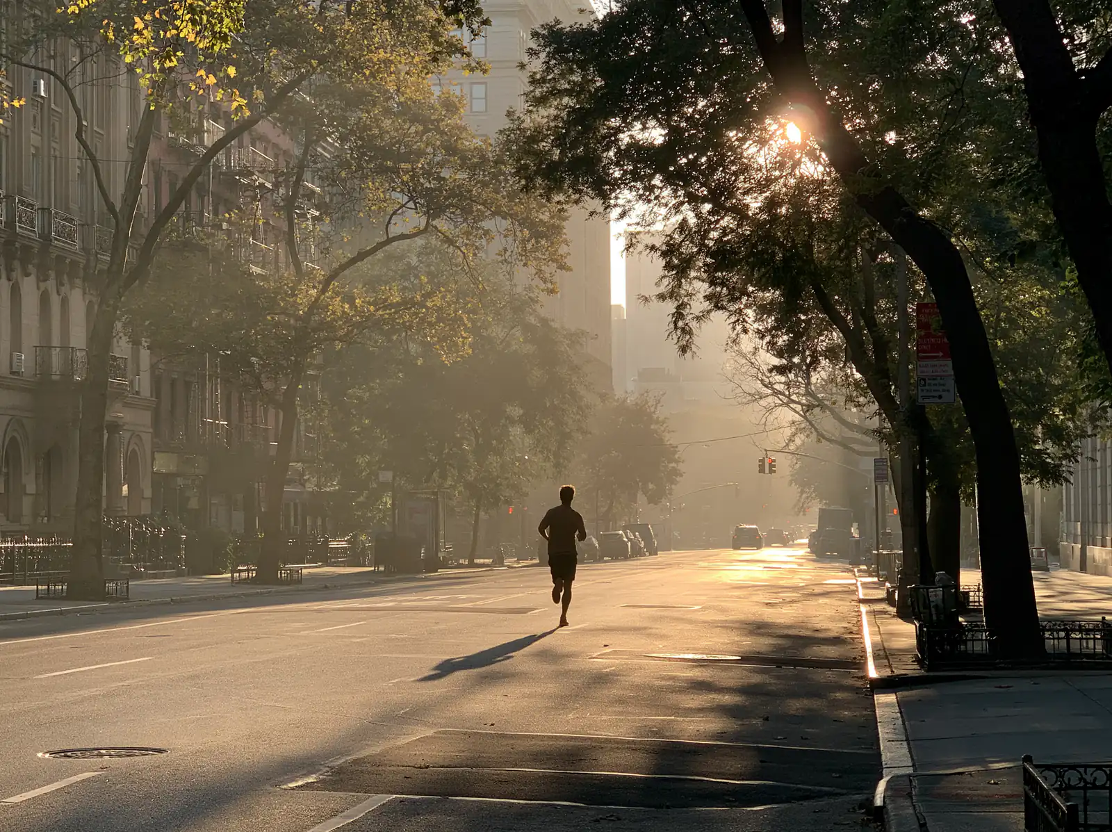A lone runner on an empty city avenue, low sun breaking through the trees.